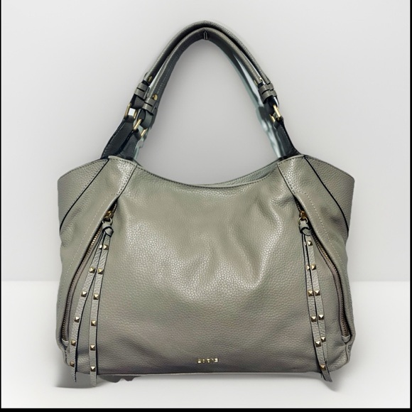 Genuine Lodis Camilla tote shoulder bag ash gray taupe leather, stud zip tassels - Picture 1 of 16